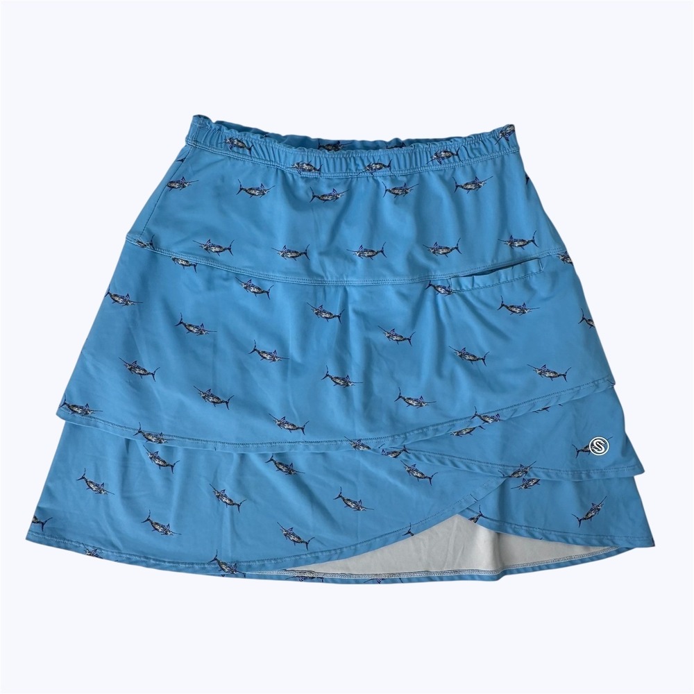Scales Marlin Wavy Skort Blue Fish Marlin Print Tiered Stretch Golf Tennis Sz M